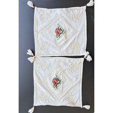 Vintage Embroidered Floral Tassel Pillow Covers Cream Cotton Set of 2 14x14