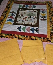 Unfinished Fall Themed Cute Patchwork Quilt Top 33" X 30" Plus Extra Fabrics