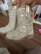 Girls Gold Glitter Western Cowgirl Boots Heart Cutouts Side Zip Mid-Calf