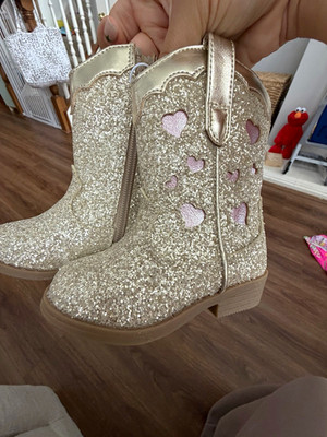 Girls Gold Glitter Western Cowgirl Boots Heart Cutouts Side Zip Mid-Calf