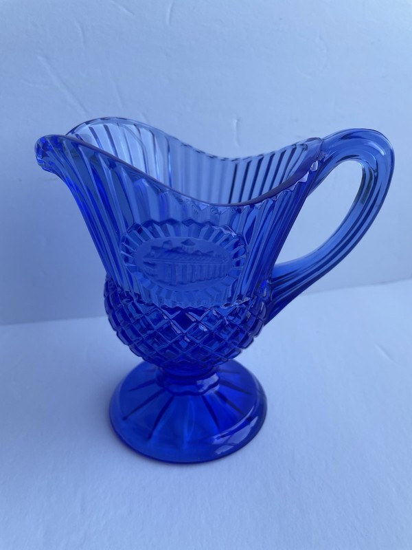 Avon Fostoria Cobalt Blue Glass Creamer/Pitcher w/ Washington's Mt Vernon Stamp