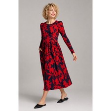 Boden Navy Red Floral Long Sleeve Midi Dress Pockets US 6R UK 10R D1051