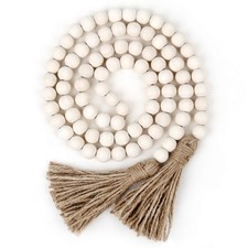 58in Wood Bead Garland with Tassels, Farmhouse Rustic Country Decor Prayer Bo...