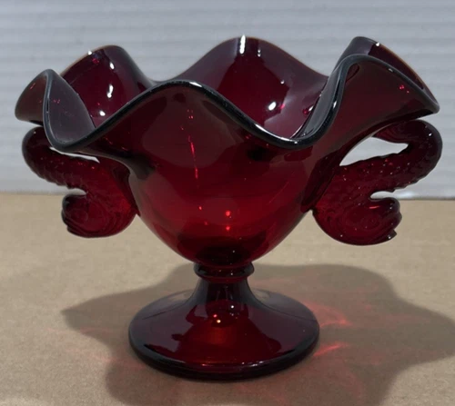 Vtg FENTON Ruby Red Glass Double Dolphin Handle Footed Pedestal Compote or Vase
