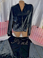 Victorias Secret Pink Bling Crop Hoodie  Pants Velour Set XXL Black