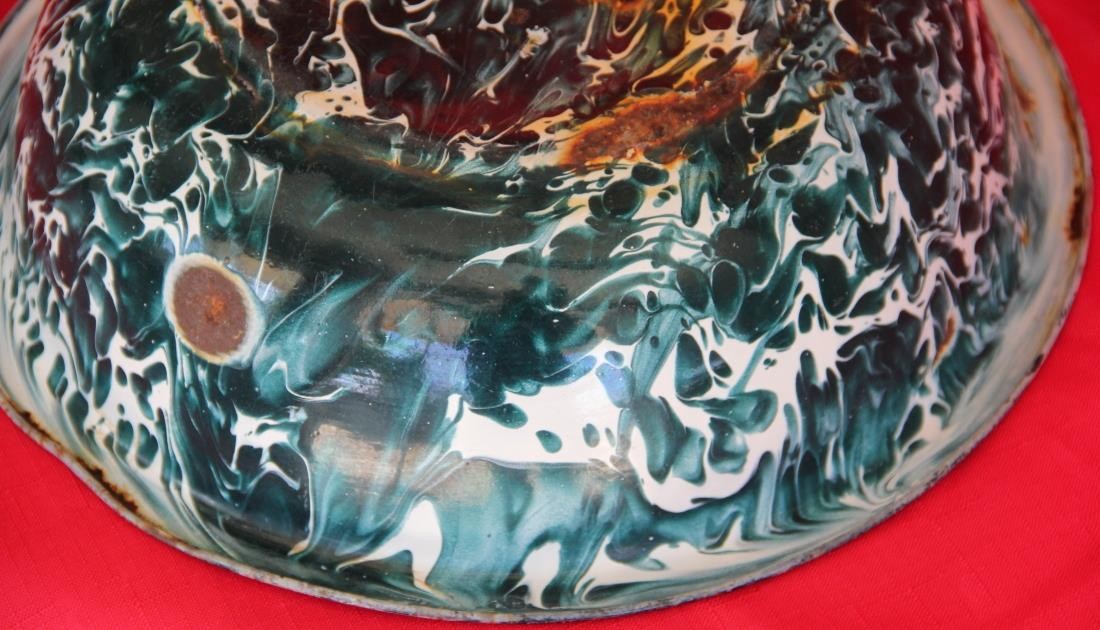 Antique Primitive Enamelware Green Swirl Bowl Graniteware Rusty Crusty Beat Up