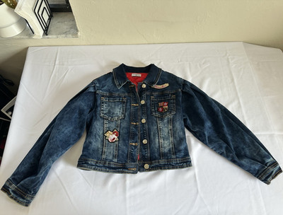 MONNALISA Girls Denim Jacket Size 10 Blue Jean Coat Tartan Red Satin