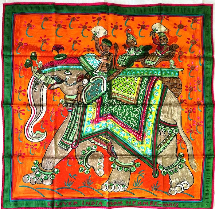 Orimi hooded scarf マフラー The elephant Hermes Scarf Stole Beloved India Elephant Animal Green Orange Silk
