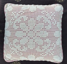 Vintage 15 Square Crochet Throw Pillow Ecru Crochet Overlay Salmon Pink Fabric