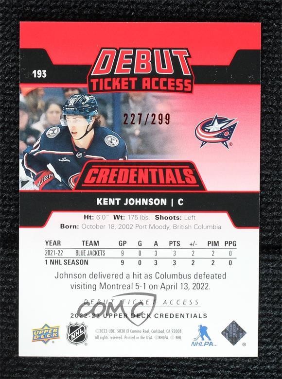 2022 Upper Deck Credentials Debut Ticket Access Red /299 Kent Johnson ...
