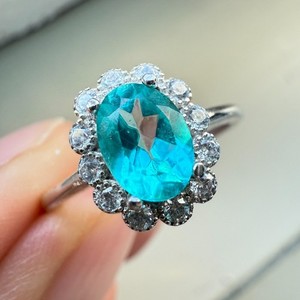 925 Sterling Silver Ring 7x5mm Natural Paraiba Topaz Zircon Handmade Flower Cute