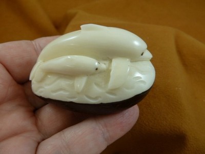 tne-dol-322c Mama + baby Dolphin jumping ocean river dolphins TAGUA NUT figurine
