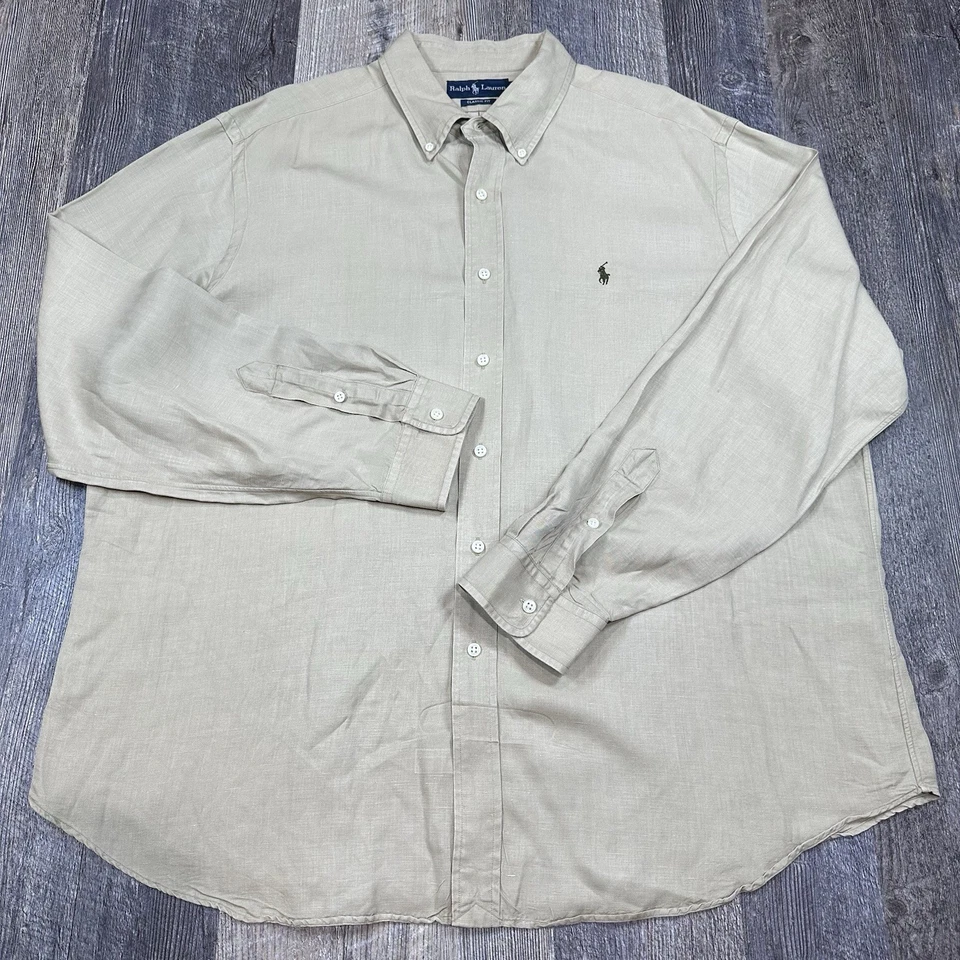 Polo Ralph Lauren Mens XXL Classic Fit Button Down Shirt Beige Linen Silk Blend - Image 2 of 4