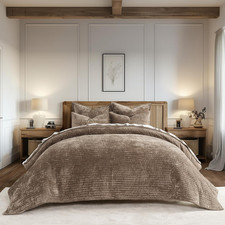 Velvet Quilt Set King Size, Luxurious Soft Striped Channel Bedding Set, Lightwei
