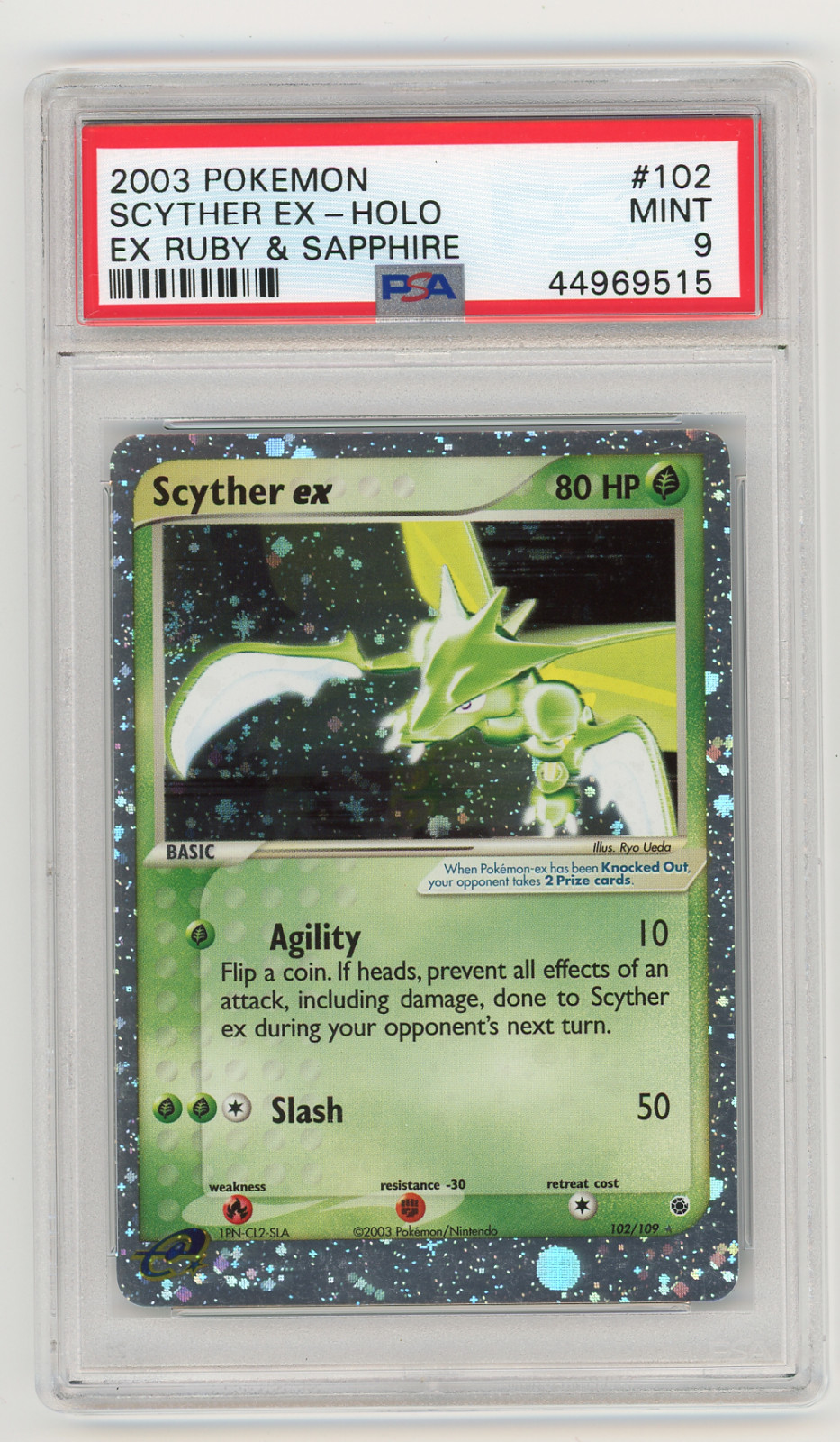2003 POKEMON EX RUBY & SAPPHIRE #102 SCYTHER EX HOLO PSA 9