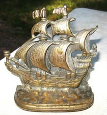 Ant Pair 1923 A A Greenblatt Co Brass Elizabethan Gallions Sailing Ship Bookends