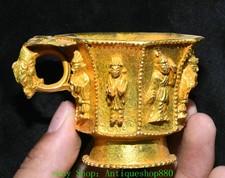 3.5''Old Chinese Dynasty Bronze Gilt 8 Immortals God Fairy Wine Cup Mug Statue