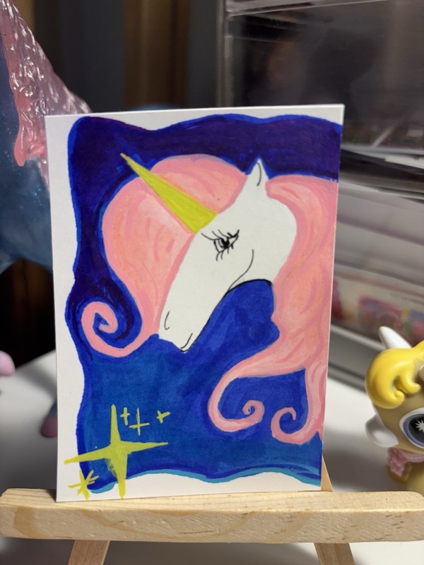 ACEO original art unicorn night sky cartoon mixed media 3.5x2.5