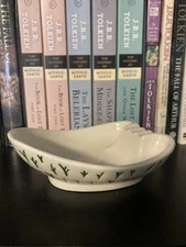 Vintage Cream Color Ceramic Handmade Ashtray Dish Green Grass Stamping