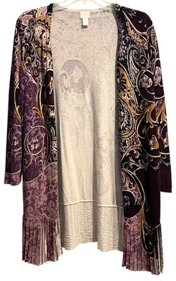 CHICOS Open Front Cardigan Scroll Paisley Print Purple Gold Long Sleeve Tunic