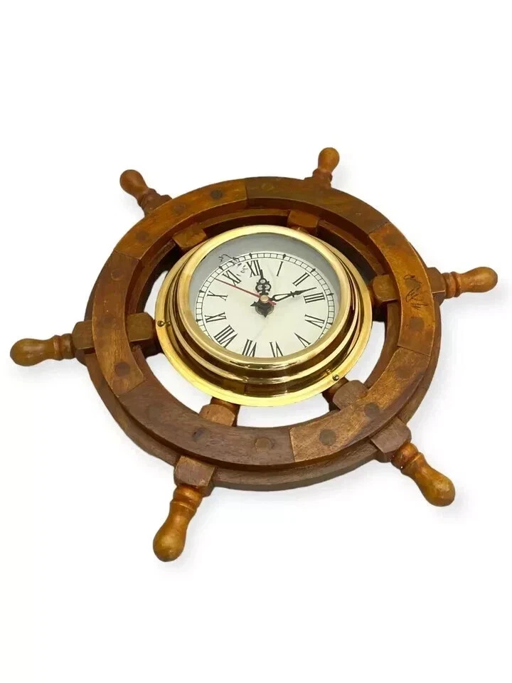 12" Ship Wheel Clock - Nautical Decorative, Premium Wood Porthole Design - Image 3 of 3