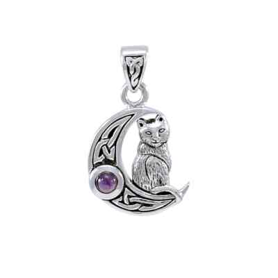 Cat Crescent Moon Amethyst 925 Sterling Silver Pendant Fine Animal Totem Jewelry