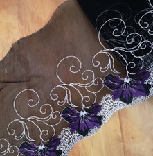 3- 4.5 Yards 7" Wide Black Tulle Lace / Embroidered Purple / Ivory Flower eh0182