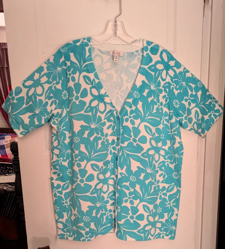 Denim & Co Sz 1X Elbow Turquoise/White Floral Button Front S/S Cardigan  A291639 - Image 3 of 4