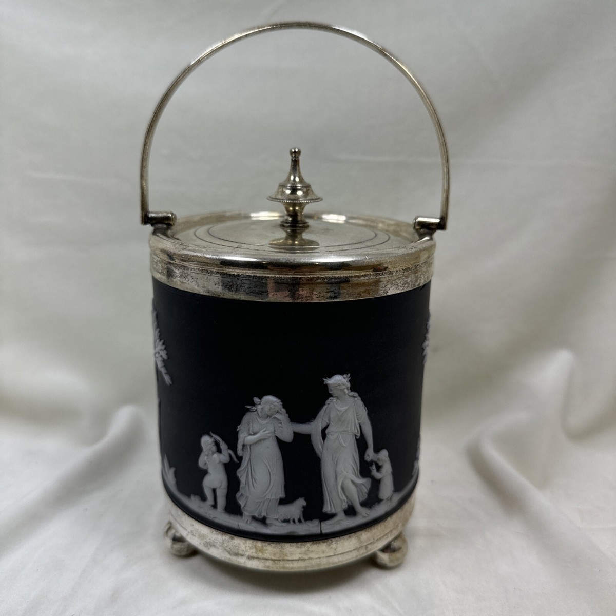 1850 C. Wedgwood Black Jasperware Biscuit Barrel Jar EPNS Silver