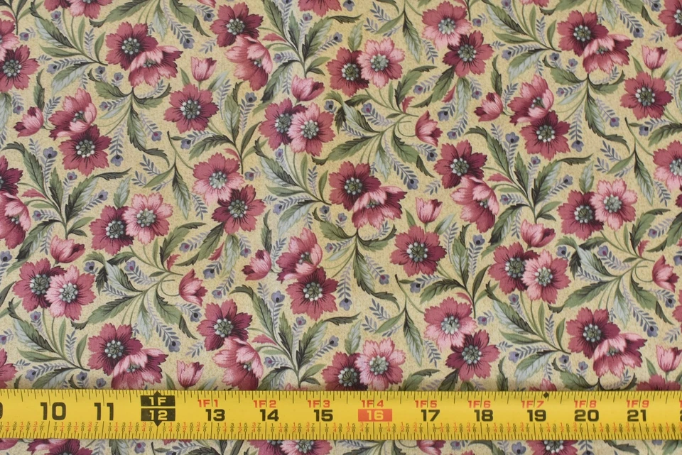 32" Long, Pink & Green Floral on Tan Cotton, FreeSpirit, "Petite Jardin", P7076 - Image 2 of 4