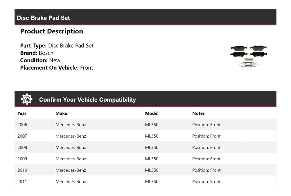 Pastillas de freno delanteras semimetálicas QuietCast 2007 para Mercedes ML350 2006-2011 Bosch Foto 2 de 4