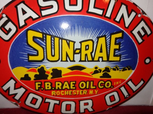 VINTAGE 18x14 in SUN-RAE GAS & MOTOR OIL ADV. SIGN HEAVY METAL PORCELAIN - C 46 - Picture 3 of 6