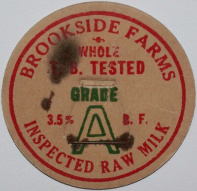 Vintage milk bottle cap BROOKSIDE FARMS Inspected Raw Milk unused new old stock