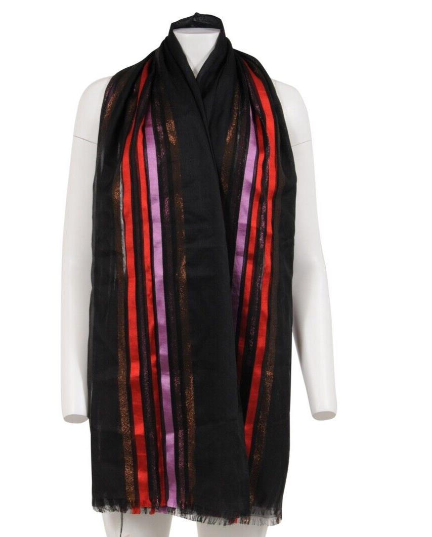 Gucci Striped Scarf Black Pink Red Brown Metallic Silk Cashmere
