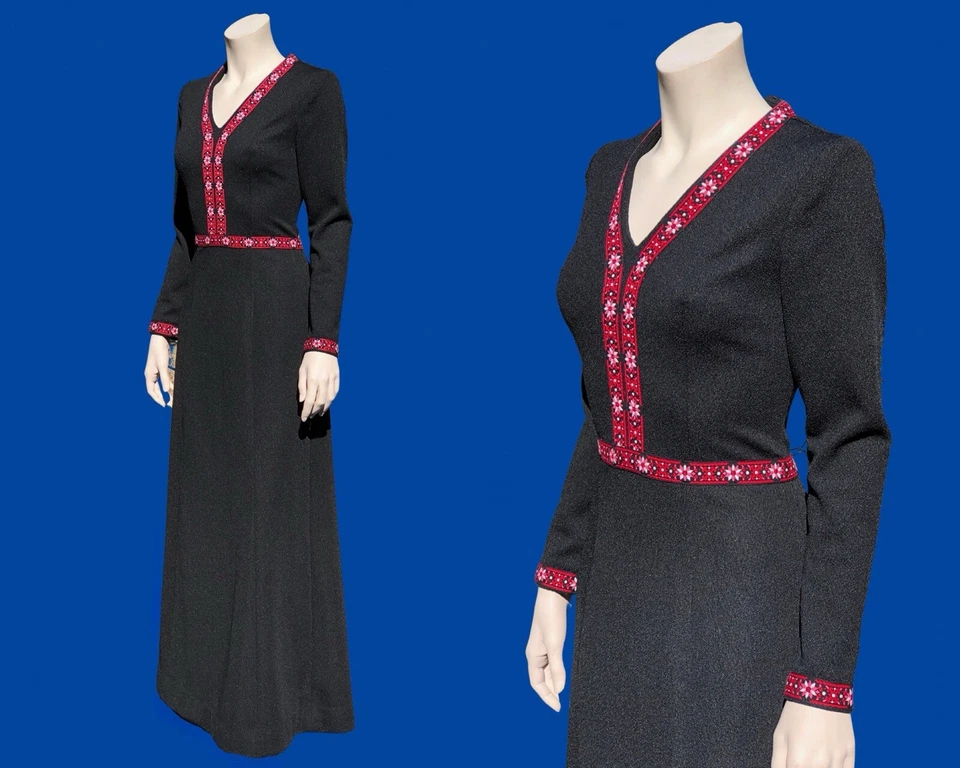 Maxi Vestido Hippie Años 70 Negro y Rojo Boho Folk FIESTA / Largo Completo / S Foto 3 de 4