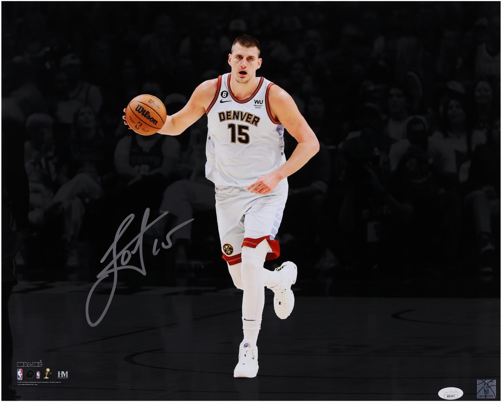Nikola Jokic Nuggets Signed 16x20 Dribbling Spotlight Photo - Silver Ink - JSA