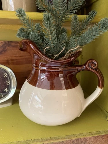 McCoy Pitcher 7515 Ceramic Pottery Ornate Handle Brown Tan Beige USA Vintage