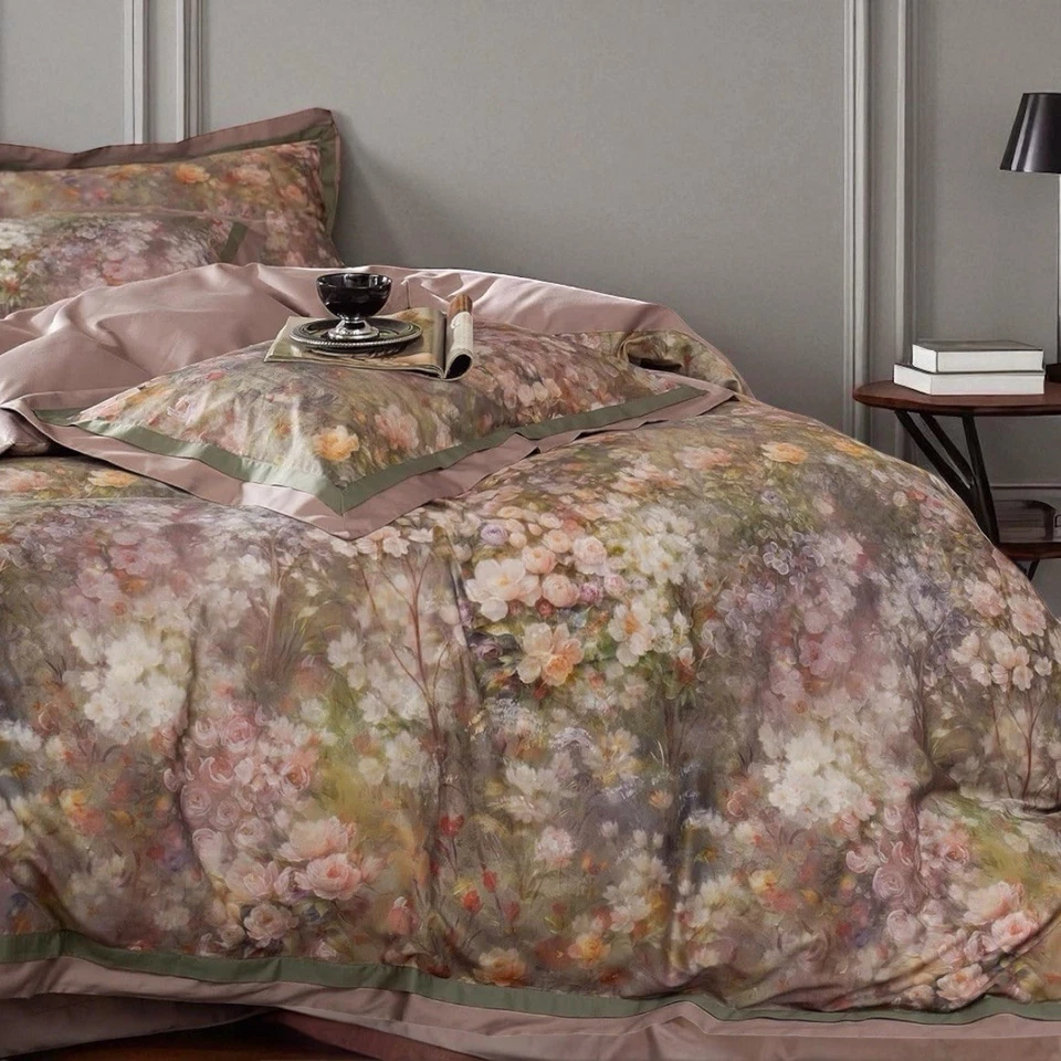NEW Anthro Blush Pink Silk Floral Boho Cotton Queen Bedding Duvet & Sham Set - Image 3 of 4