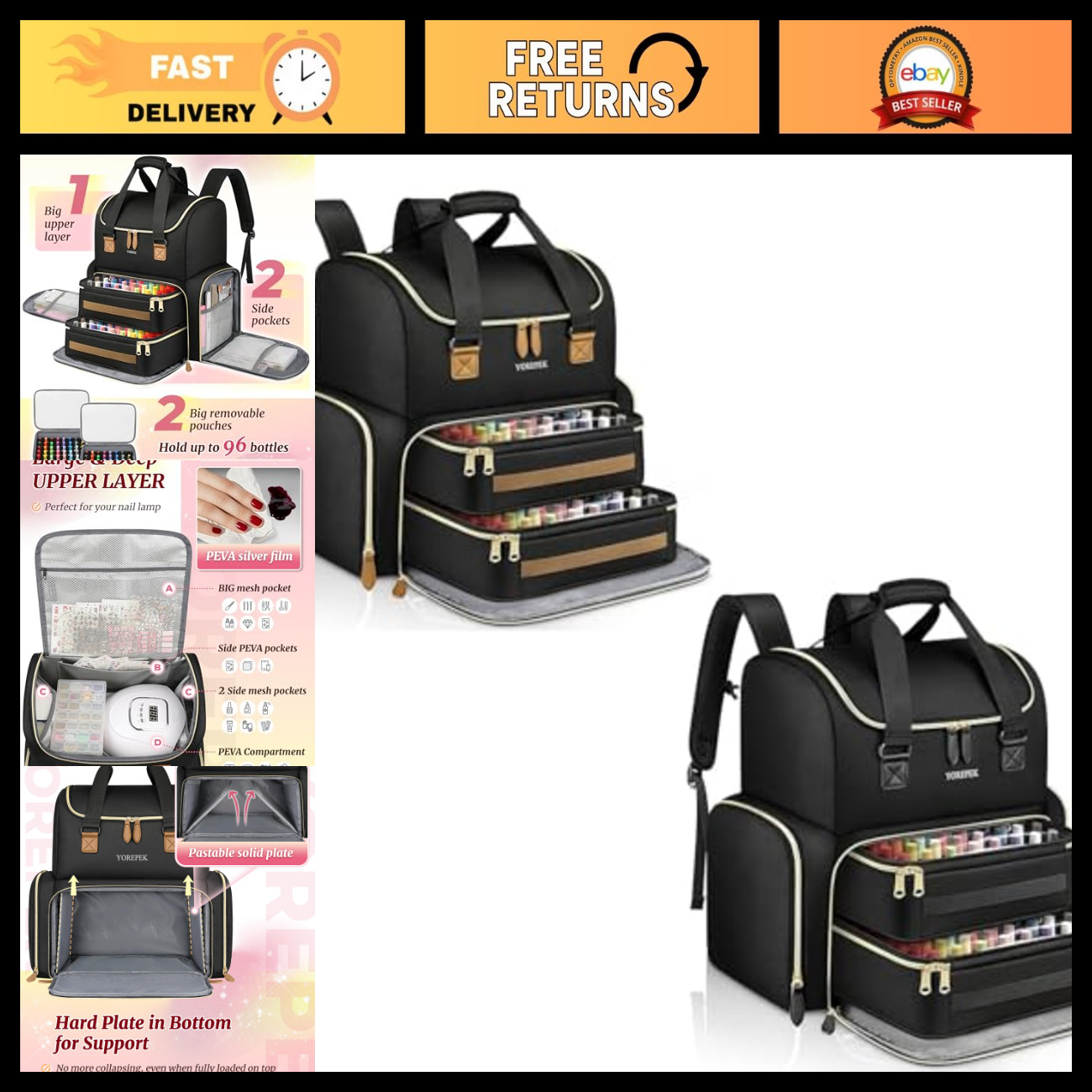 Extra Large Nail Polish Organizer Backpack Case Holds 100+ Bottles with UV Lamp