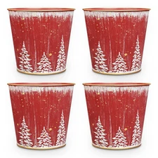 Christmas Planters Pots, 5.9in Small Metal Tin Buckets with Christmas Tree Pa...