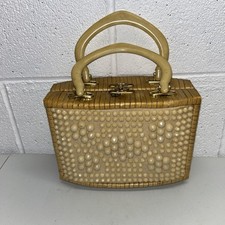 Vintage Lucite Beaded Wicker Handbag 1950's 1960's Hardside Cream Purse Bag