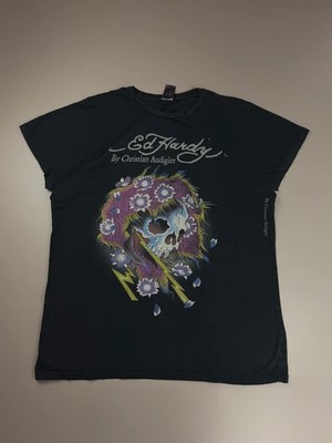 Vintage Y2K 2000s Ed Hardy T-Shirt Skull Christian Audigier Schwarz L
