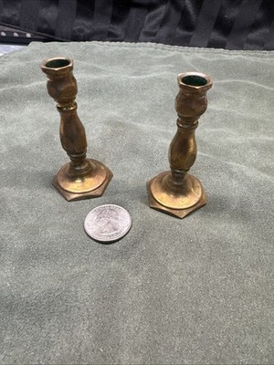Vintage Miniature Brass Candel Sticks 2 1/2  Tall Pair Great Shape