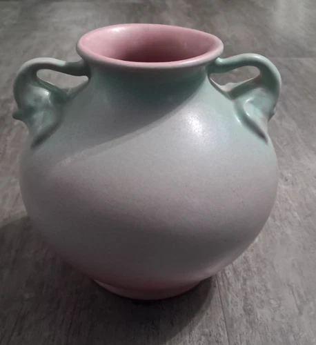 Rumrill Redwing? Art Deco Double Elephant Handle Green Pink Pottery Vase