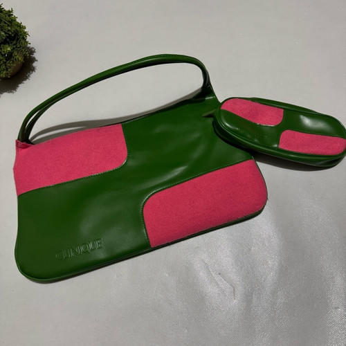 Clinique Green Pink PVC Felt Vintage Retro Style Bag Purse Glasses Makeup Case - Picture 1 of 8