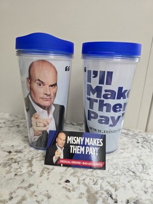 Tim Misney, I'll Make Them Pay Injury Lawyer Travel Tumbler set Cup Mug, lid NEW