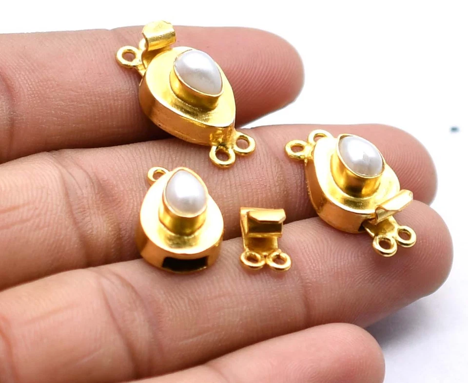 5 Pcs Pearl Tear drop Gemstone Box Clasp 2 Strand 18k Gold Plated - Image 2 of 4