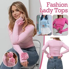 Elegant 3D Flower Long Sleeved Wome T-Shirt Slim Solid Color Temperament Top