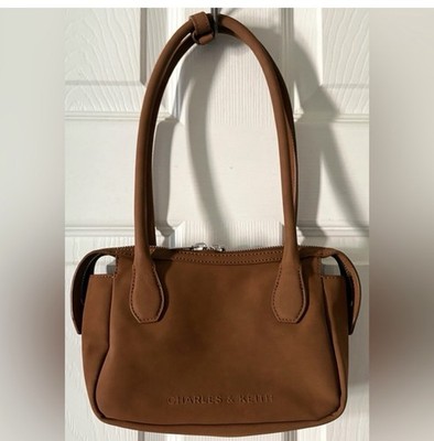 CHARLES & KEITH Brown Solid Shoulder Bag Zip Top Silver Hardware Inner Pockets