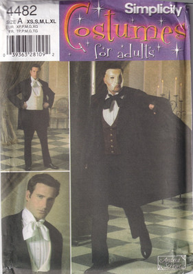 Simplicity Pattern 4482 Men's Phantom of Opera Costume Sz XS-XL Suit Cape Uncut